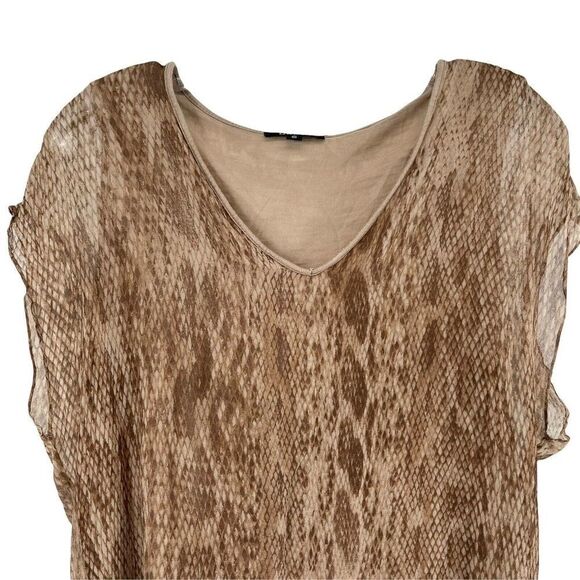 DREW Silk Blouse Brown Python Print Flutter Sleeve V Neck Size S Classic Shirt - Picture 2 of 6